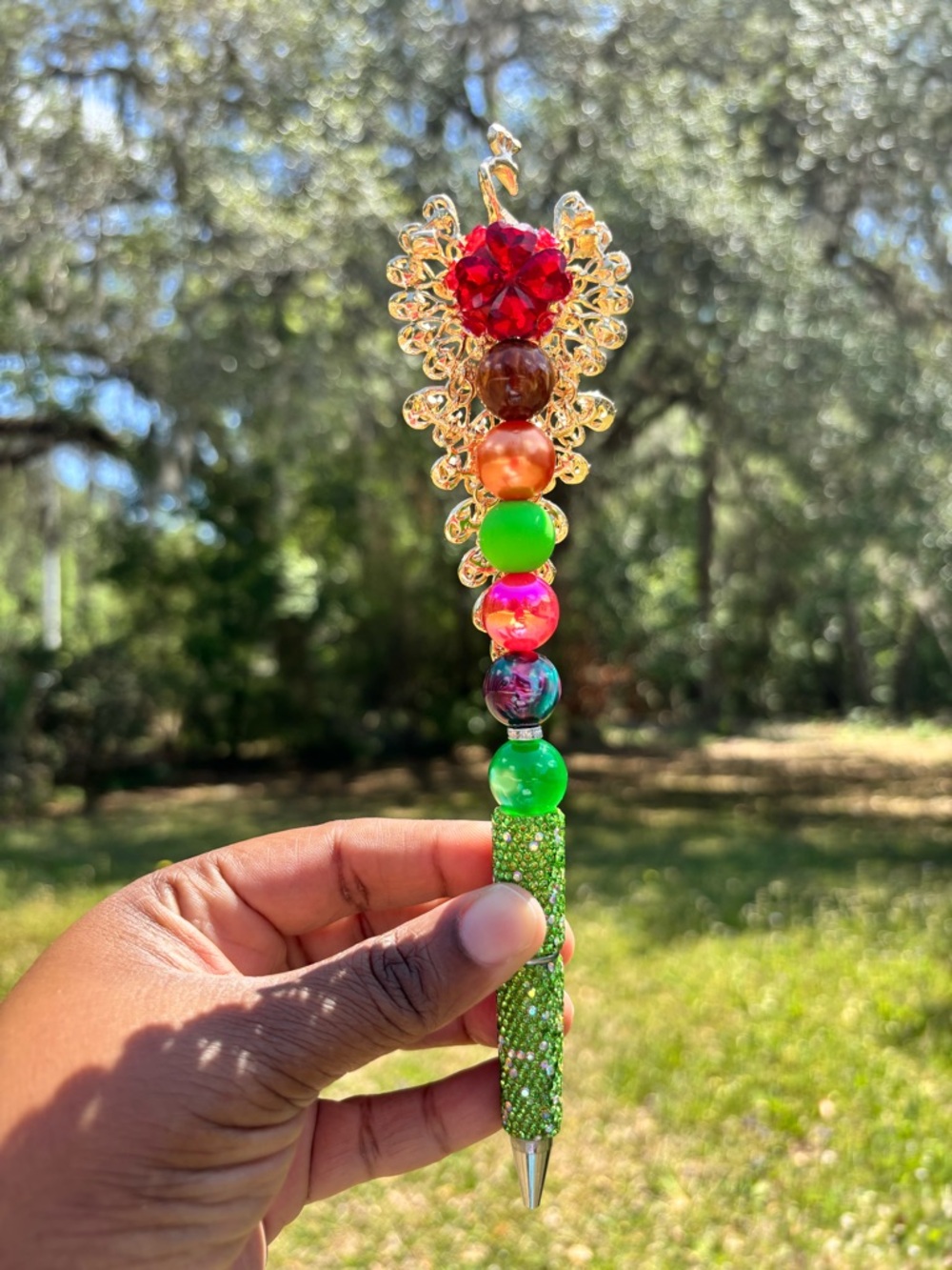 Handcrafted Gold Jeweled Rhinestone Peacock Crystal Pen - Multicolor Gem Accent - Picture 5 of 7